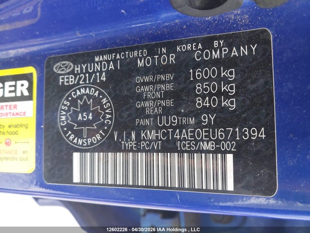 Продаж на аукціоні авто 2014 Hyundai Accent Gl, vin: KMHCT4AE0EU671394, номер лоту: 12602226