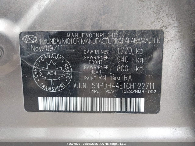 12607836 :رقم المزاد ، 5NPDH4AE1CH122711 vin ، 2012 Hyundai Elantra مزاد بيع