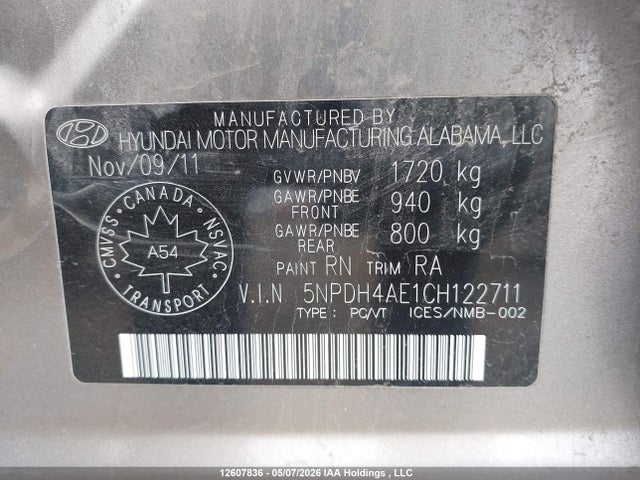 12607836 :رقم المزاد ، 5NPDH4AE1CH122711 vin ، 2012 Hyundai Elantra مزاد بيع