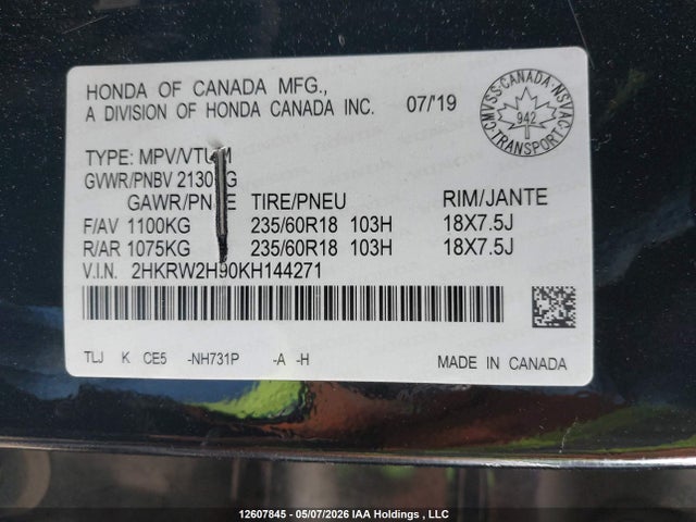 Продаж на аукціоні авто 2019 Honda Cr-v Touring, vin: 2HKRW2H90KH144271, номер лоту: 12607845