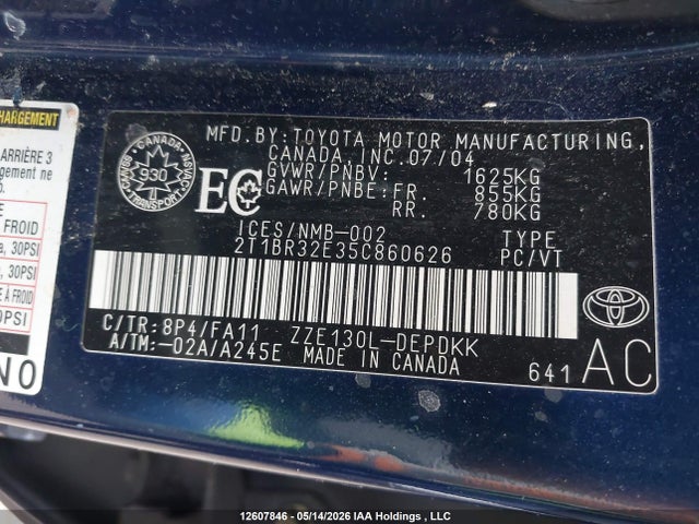 Продаж на аукціоні авто 2005 Toyota Corolla Ce/le/s, vin: 2T1BR32E35C860626, номер лоту: 12607846
