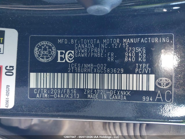 Продажа на аукционе авто 2016 Toyota Corolla L/le/le Pls/prm/s/s Pls, vin: 2T1BURHEXGC583629, номер лота: 12607847