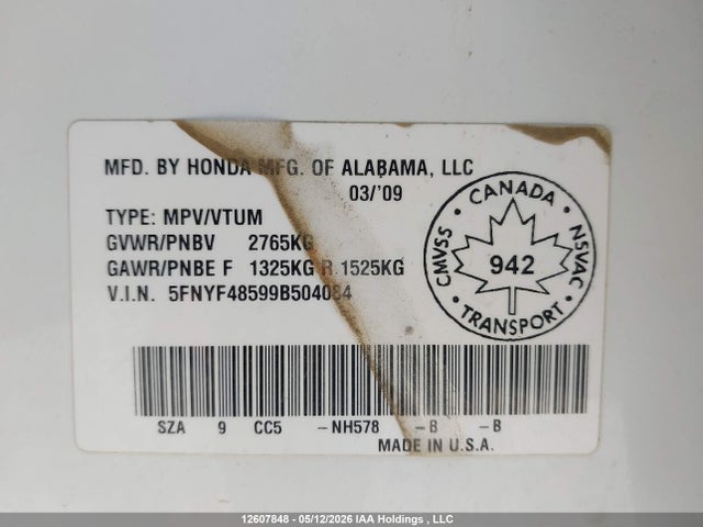 Продаж на аукціоні авто 2009 Honda Pilot Ex-l, vin: 5FNYF48599B504084, номер лоту: 12607848
