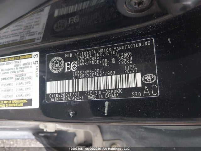 12607865 :رقم المزاد ، 2T1BR32E08C917983 vin ، 2008 Toyota Corolla Ce/le/s مزاد بيع