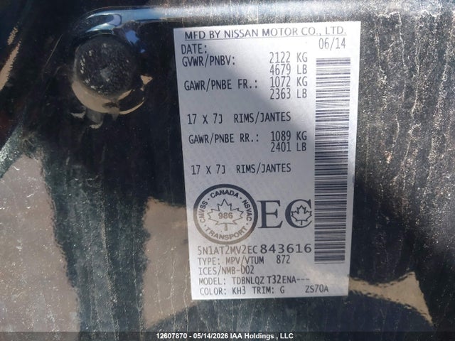 Aukcja sprzedaży 2014 Nissan Rogue S/sl/sv, vin: 5N1AT2MV2EC843616, numer aukcji: 12607870