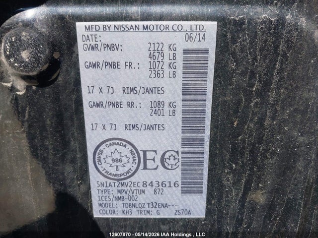 Aukcja sprzedaży 2014 Nissan Rogue S/sl/sv, vin: 5N1AT2MV2EC843616, numer aukcji: 12607870