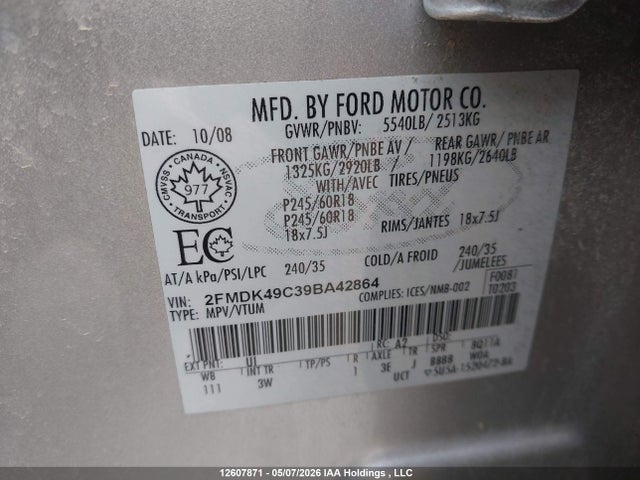 12607871 :رقم المزاد ، 2FMDK49C39BA42864 vin ، 2009 Ford Edge Limited مزاد بيع