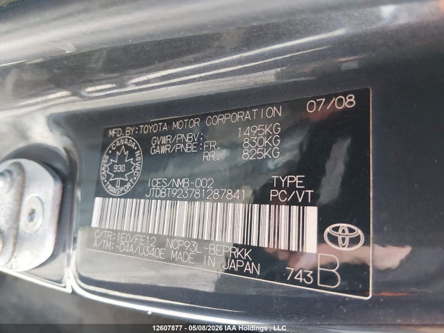 Aukcja sprzedaży 2008 Toyota Yaris, vin: JTDBT923781287841, numer aukcji: 12607877