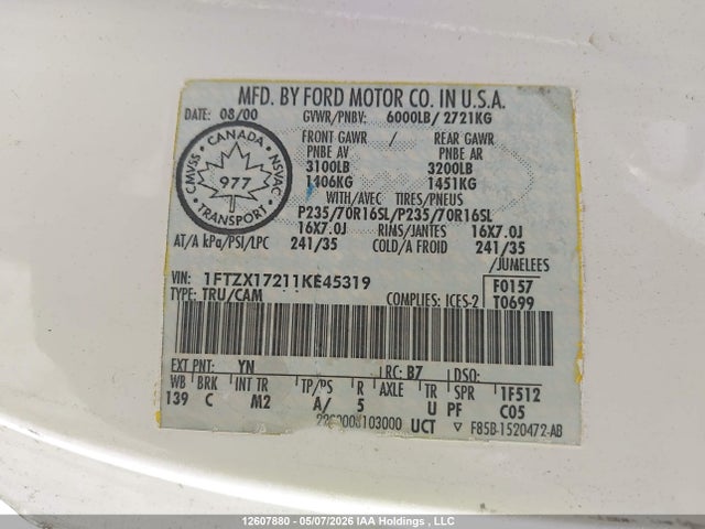 2001 Ford F150 მანქანა იყიდება აუქციონზე, vin: 1FTZX17211KE45319, აუქციონის ნომერი: 12607880