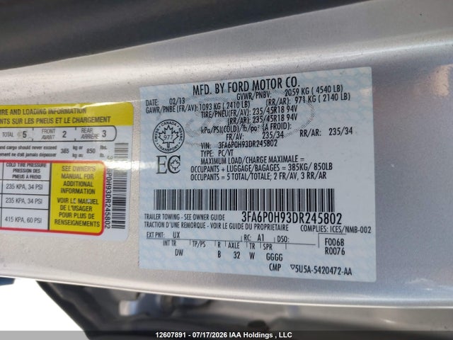 Продажа на аукционе авто 2013 Ford Fusion Se, vin: 3FA6P0H93DR245802, номер лота: 12607891