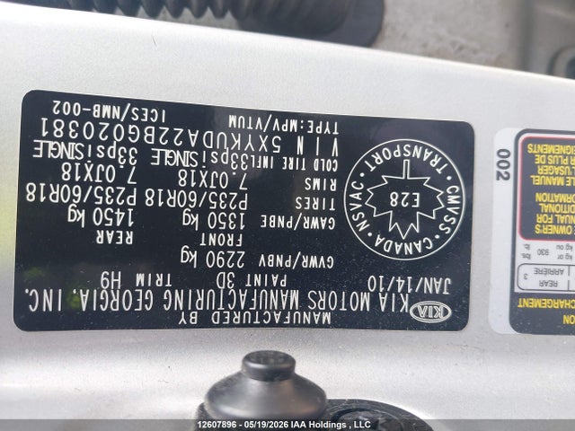 12607896 :رقم المزاد ، 5XYKUDA22BG020381 vin ، 2011 Kia Sorento Ex مزاد بيع