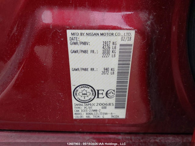 1N4AL3AP6JC200685 Nissan Altima 2.5/s/sv/sl/sr
