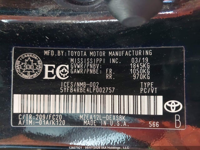 5YFB4RBE4LP002757 Toyota COROLLA SE