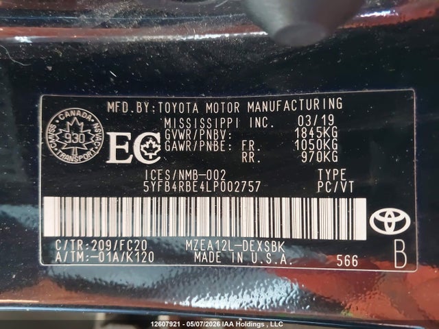 5YFB4RBE4LP002757 Toyota COROLLA SE