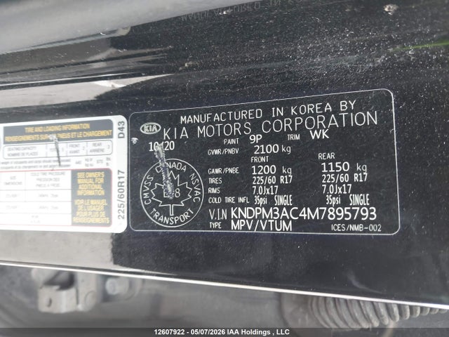 Aukcja sprzedaży 2021 Kia Sportage Lx, vin: KNDPM3AC4M7895793, numer aukcji: 12607922