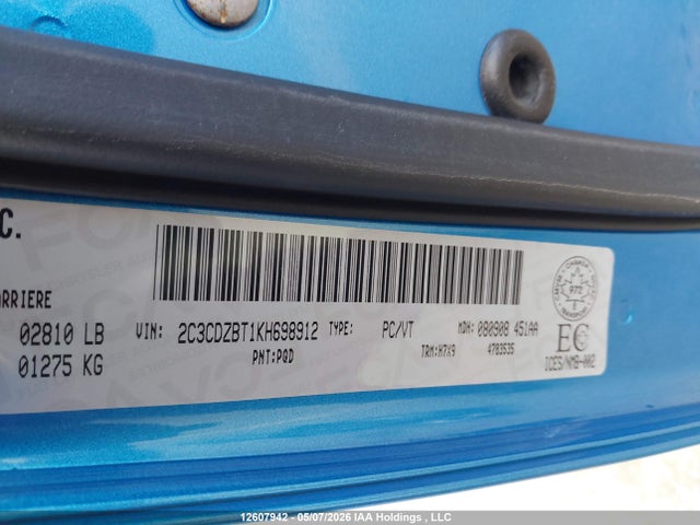 12607942 :رقم المزاد ، 2C3CDZBT1KH698912 vin ، 2019 Dodge Challenger R/t مزاد بيع