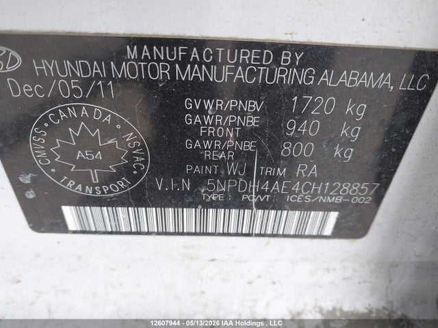 2012 Hyundai Elantra მანქანა იყიდება აუქციონზე, vin: 5NPDH4AE4CH128857, აუქციონის ნომერი: 12607944