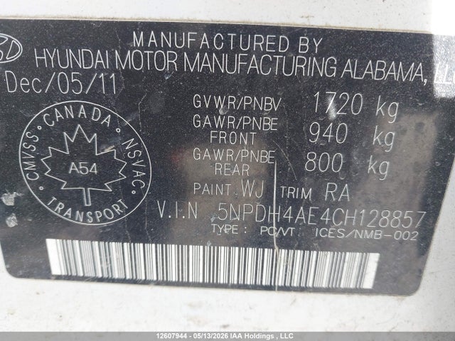 2012 Hyundai Elantra მანქანა იყიდება აუქციონზე, vin: 5NPDH4AE4CH128857, აუქციონის ნომერი: 12607944