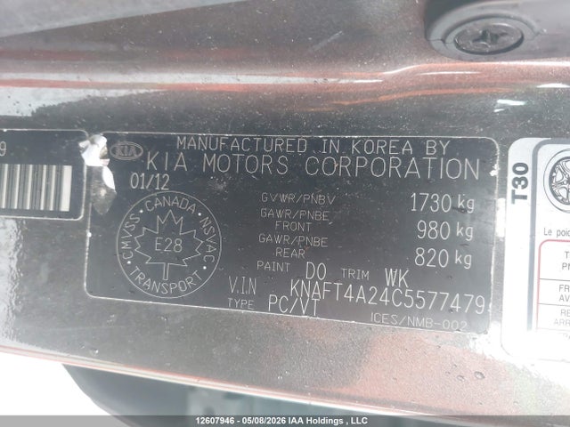 12607946 :رقم المزاد ، KNAFT4A24C5577479 vin ، 2012 Kia Forte 2.0l Lx مزاد بيع
