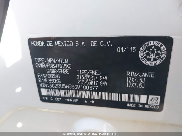 Продаж на аукціоні авто 2016 Honda Hr-v Ex, vin: 3CZRU5H55GM100377, номер лоту: 12607954