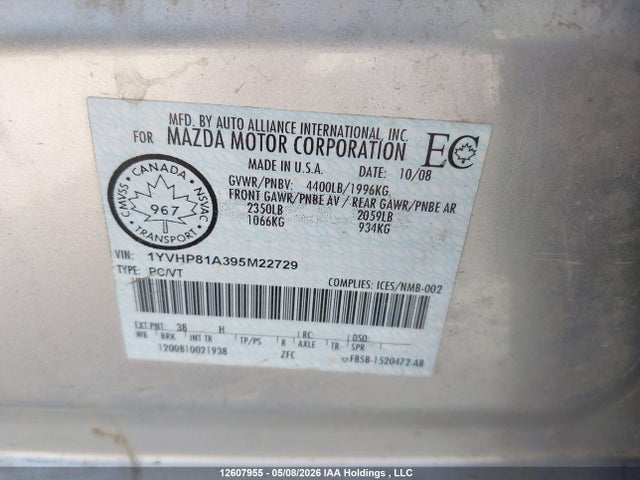 2009 Mazda Mazda6 Gs-i4 მანქანა იყიდება აუქციონზე, vin: 1YVHP81A395M22729, აუქციონის ნომერი: 12607955