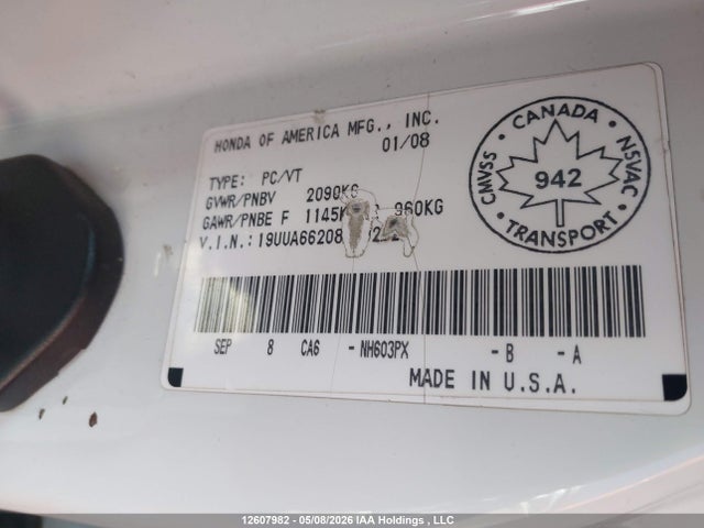 Aukcja sprzedaży 2008 Acura Tl, vin: 19UUA66208A802629, numer aukcji: 12607982