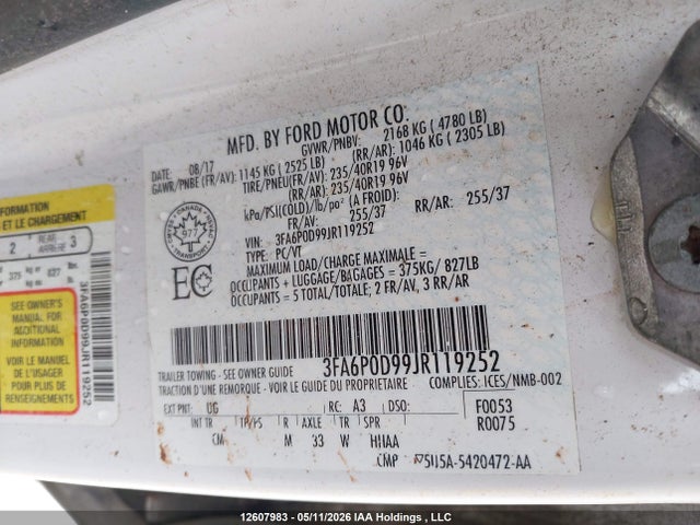 Продаж на аукціоні авто 2018 Ford Fusion Titanium/platinum, vin: 3FA6P0D99JR119252, номер лоту: 12607983