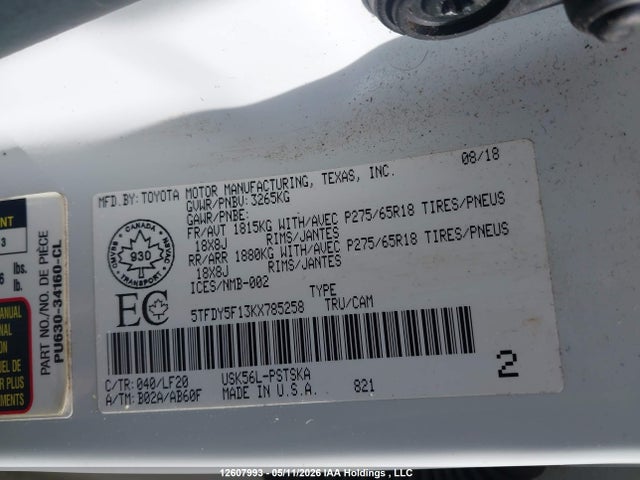 12607993 :رقم المزاد ، 5TFDY5F13KX785258 vin ، 2019 Toyota Tundra Sr5 Plus 5.7l V8 مزاد بيع