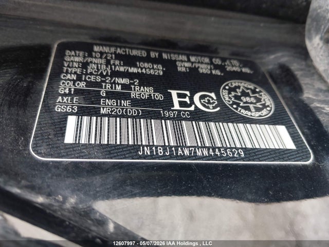 Aukcja sprzedaży 2021 Nissan Qashqai S, vin: JN1BJ1AW7MW445629, numer aukcji: 12607997
