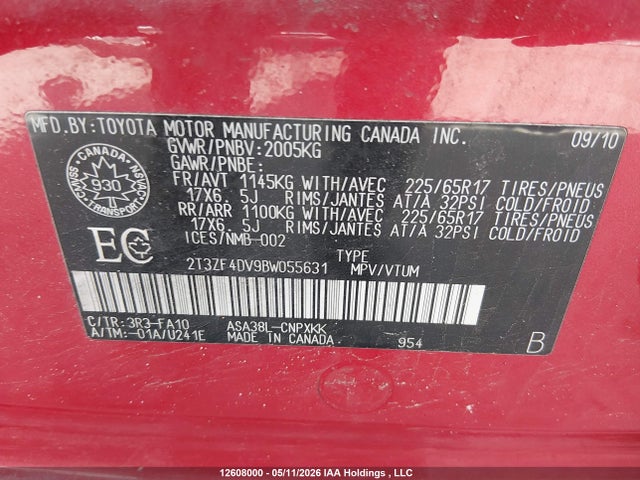 12608000 :رقم المزاد ، 2T3ZF4DV9BW055631 vin ، 2011 Toyota Rav4 مزاد بيع