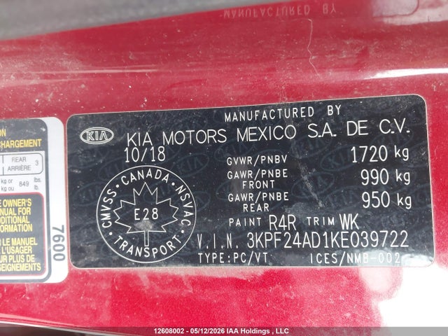 3KPF24AD1KE039722 KIA FORTE LX