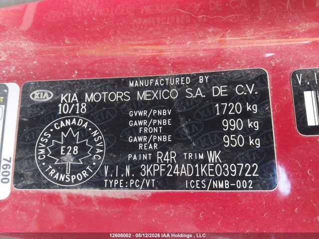 3KPF24AD1KE039722 KIA FORTE LX