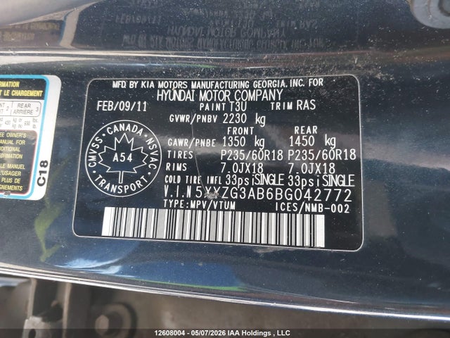 2011 Hyundai Santa Fe Gls მანქანა იყიდება აუქციონზე, vin: 5XYZG3AB6BG042772, აუქციონის ნომერი: 12608004