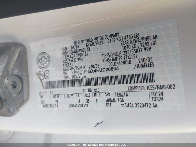 Продажа на аукционе авто 2014 Ford Escape Se, vin: 1FMCU9GX4EUD20894, номер лота: 12608011