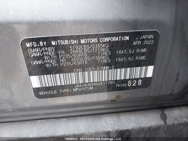 JA4J4UA84NZ617760 Mitsubishi Outlander Le/le Premium/se/sel