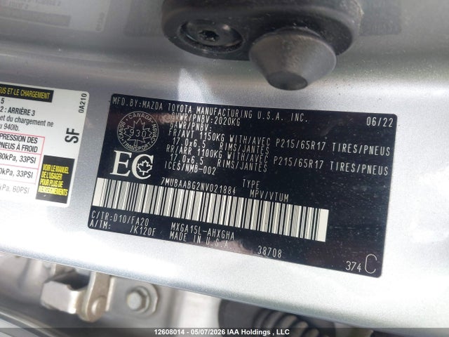 12608014 :رقم المزاد ، 7MUBAABG2NV021884 vin ، 2022 Toyota Corolla Cross Le مزاد بيع