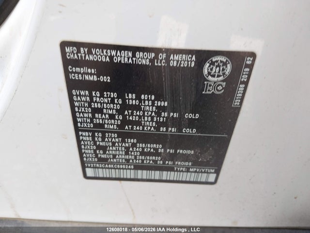 Aukcja sprzedaży 2019 Volkswagen Atlas Sel Premium, vin: 1V2TR2CA6KC595245, numer aukcji: 12608018