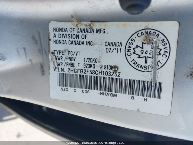 Продажа на аукционе авто 2012 Honda Civic Ex, vin: 2HGFB2F58CH103252, номер лота: 12608020
