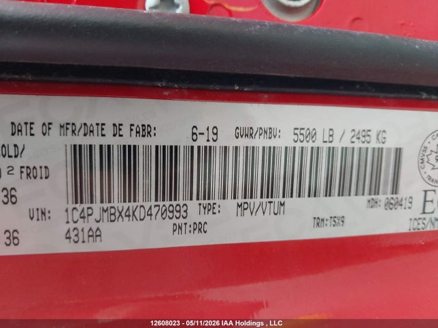 12608023 :رقم المزاد ، 1C4PJMBX4KD470993 vin ، 2019 Jeep Cherokee Trailhawk مزاد بيع