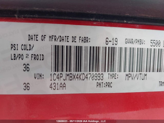 12608023 :رقم المزاد ، 1C4PJMBX4KD470993 vin ، 2019 Jeep Cherokee Trailhawk مزاد بيع