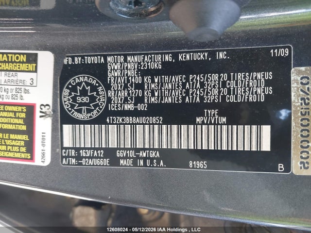 Aukcja sprzedaży 2010 Toyota Venza Base V6, vin: 4T3ZK3BB8AU020852, numer aukcji: 12608024