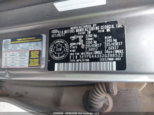 12608026 :رقم المزاد ، 5XYPG4A33JG398522 vin ، 2018 Kia Sorento Lx/l مزاد بيع