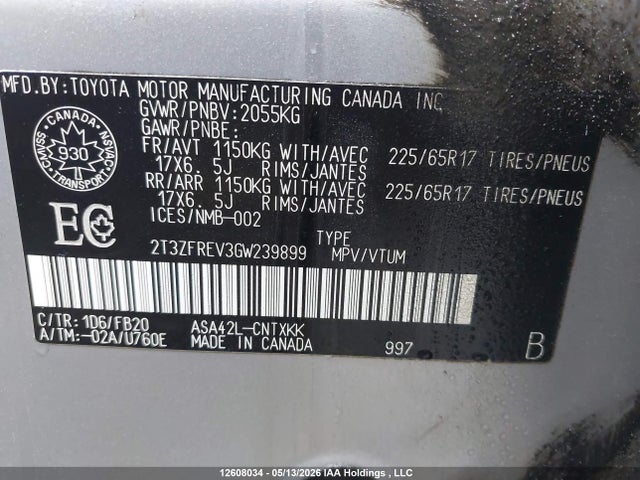 12608034 :رقم المزاد ، 2T3ZFREV3GW239899 vin ، 2016 Toyota Rav4 Le مزاد بيع