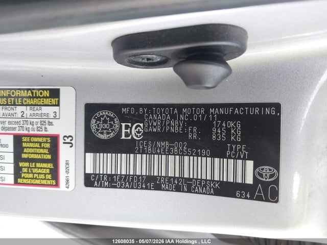 2011 Toyota Corolla S მანქანა იყიდება აუქციონზე, vin: 2T1BU4EE3BC552190, აუქციონის ნომერი: 12608035