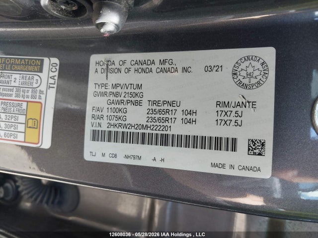 Продажа на аукционе авто 2021 Honda Cr-v, vin: 2HKRW2H20MH222201, номер лота: 12608036