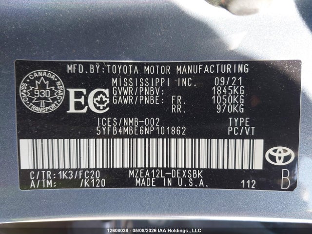 12608038 :رقم المزاد ، 5YFB4MBE6NP101862 vin ، 2022 Toyota Corolla مزاد بيع