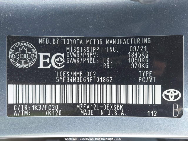 12608038 :رقم المزاد ، 5YFB4MBE6NP101862 vin ، 2022 Toyota Corolla مزاد بيع