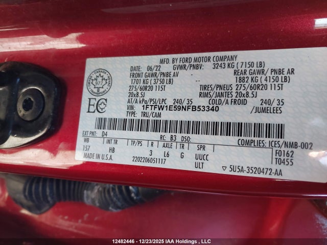 Продажа на аукционе авто 2022 Ford F-150 Lariat, vin: 1FTFW1E59NFB53340, номер лота: 12482446