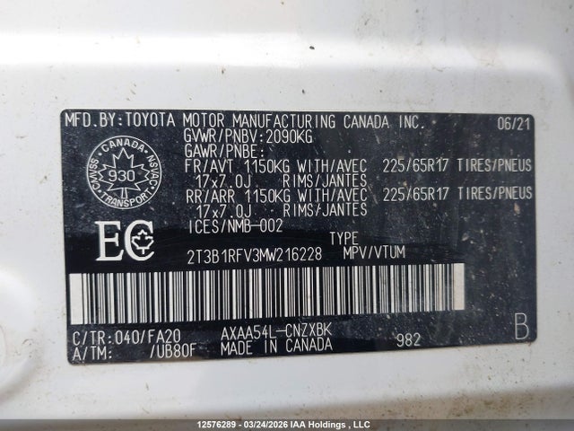 2021 Toyota Rav4 Le მანქანა იყიდება აუქციონზე, vin: 2T3B1RFV3MW216228, აუქციონის ნომერი: 12576289