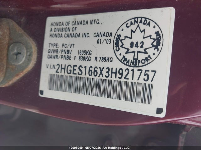 2003 Honda Civic მანქანა იყიდება აუქციონზე, vin: 2HGES166X3H921757, აუქციონის ნომერი: 12608049